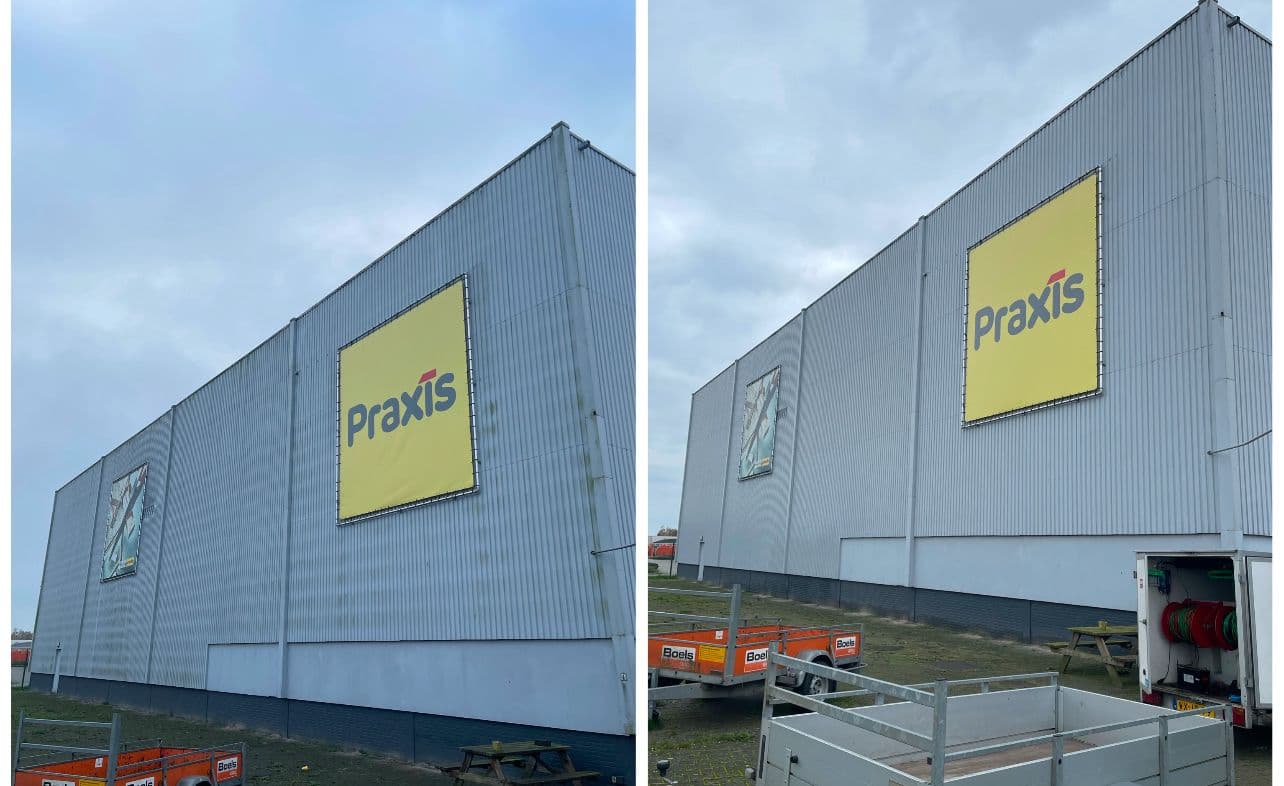 Commerciële gevelrenovatie Praxis, voor en na reiniging staalplaat gevel